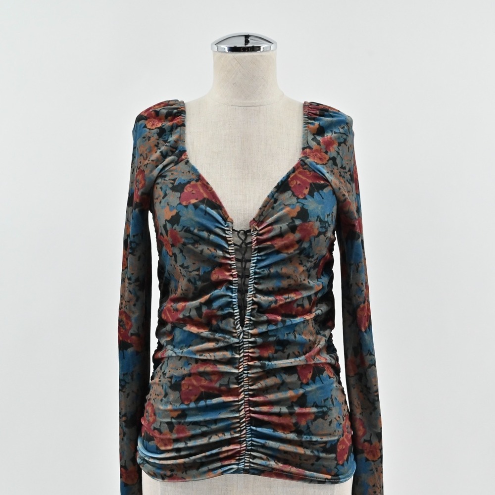 Urban Outfitter Womens Georgia Velvet Lace-Up Top Size‎ M Dark Romantic Floral